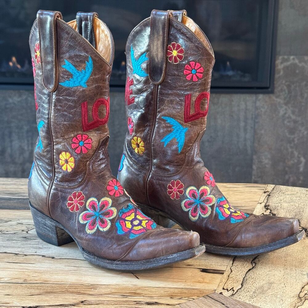 Old Gringo Checruda Embroidered Leather Cowgirl Boots Love Birds Brown Size 5.5B